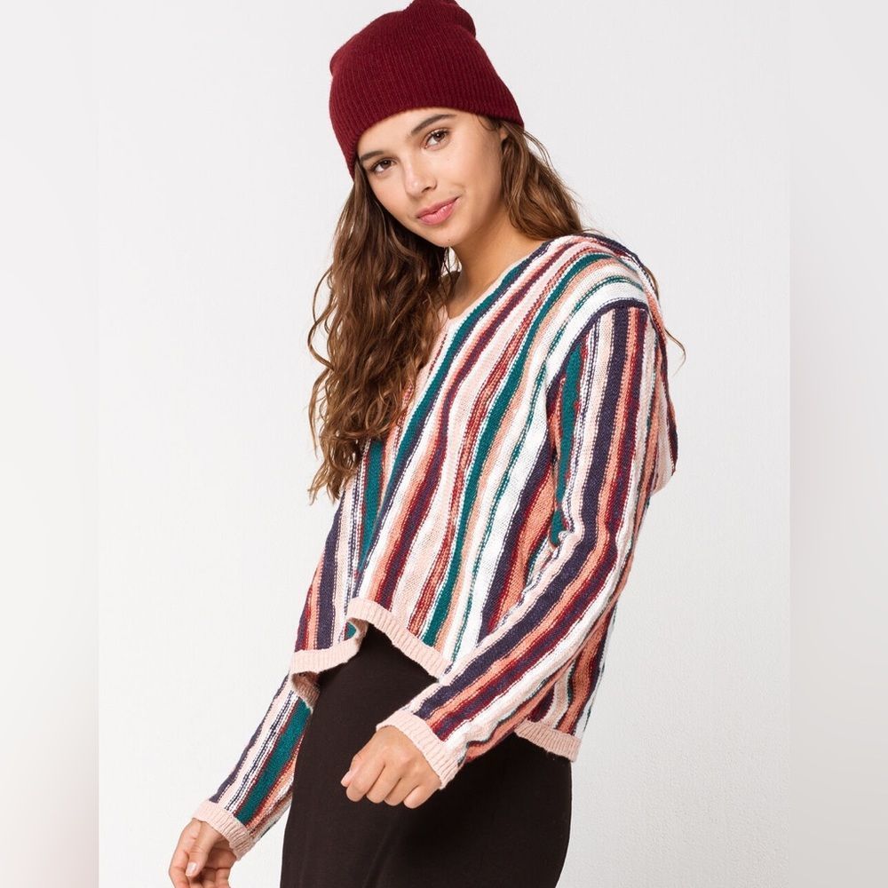Roxy Tilly’s Exclusive Pink Teal White Red Vertical Striped Hooded Knit Sweater